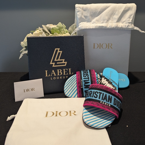 Dior Shoes - Dior Blue, Pink and Black Logo Slide Sandals